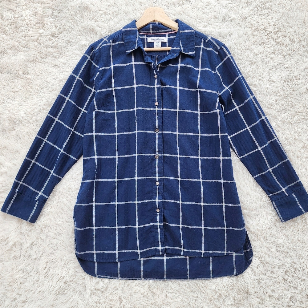 Tommy Bahama Navy Windowpane Plaid Button Front Shirt